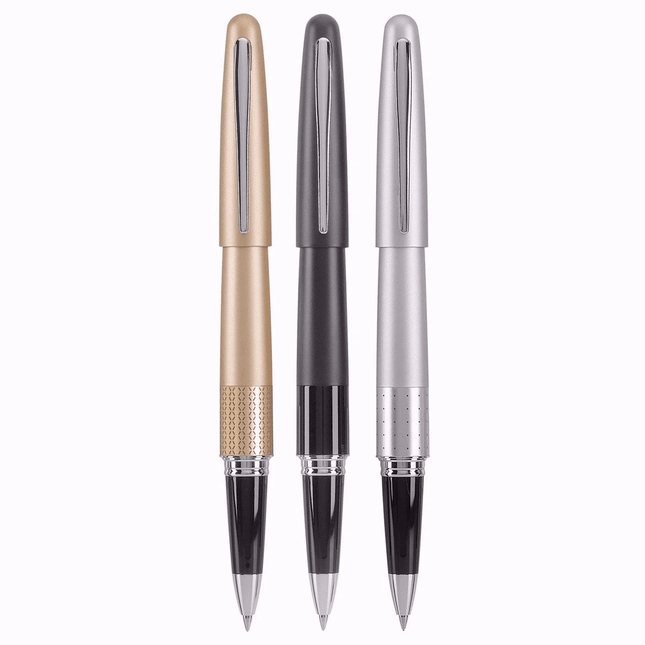 Pilot Metropolitan MR1 Roller Ball Pen BL-MR1-7 in gold, black, and silver finishes.