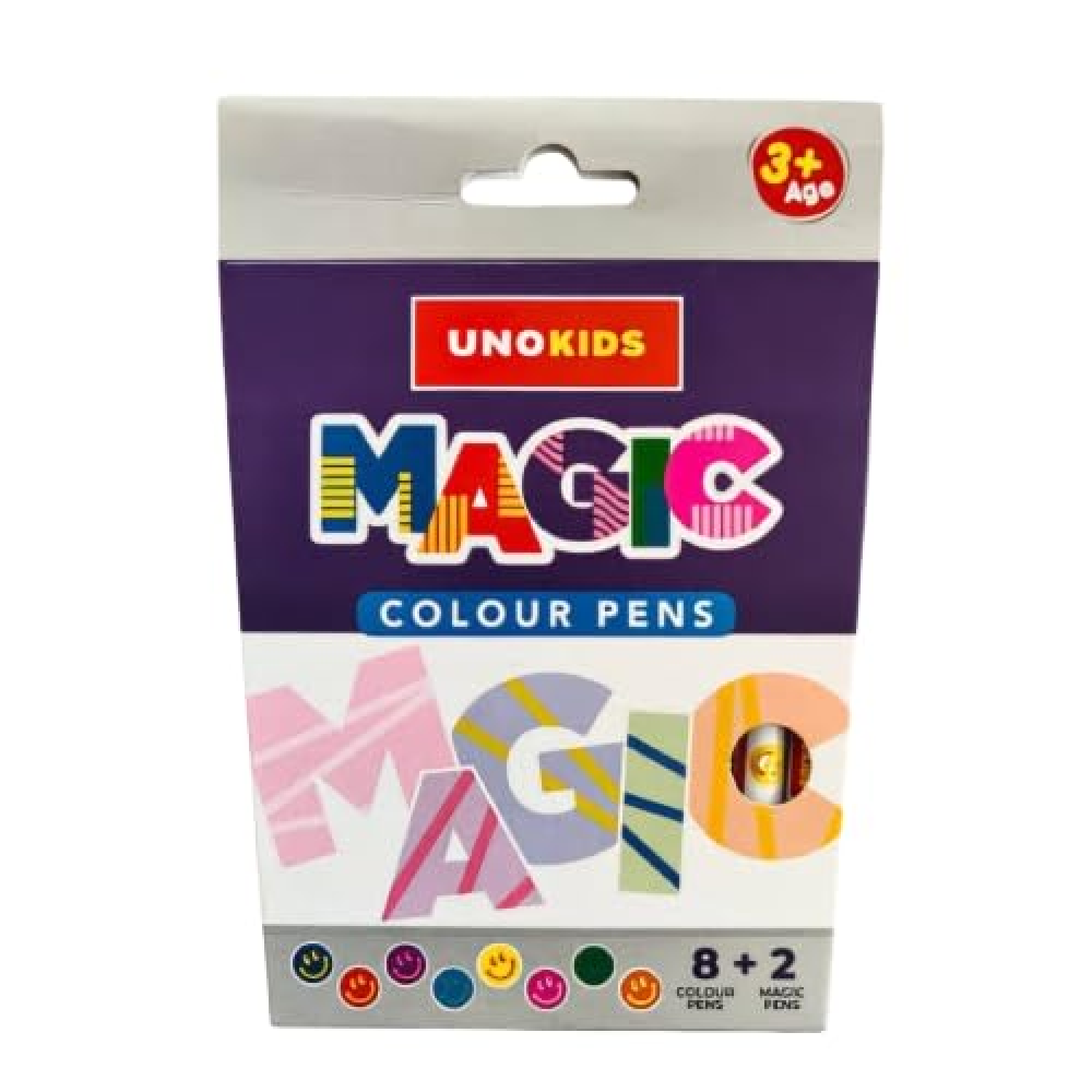 Unokids Magic Colour Pens packaging showcasing 8 vibrant shades and 2 magic pens for creative fun.