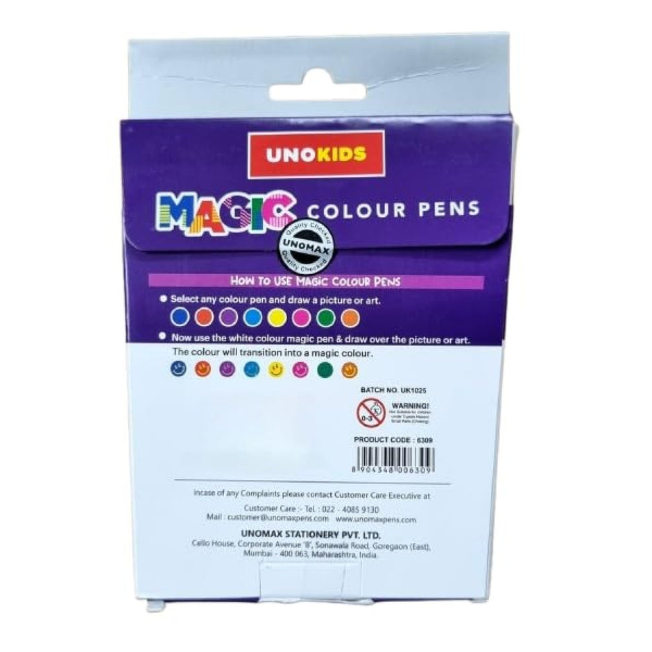 Unokids Magic Colour Pens packaging with instructions for use and vibrant colors displayed.