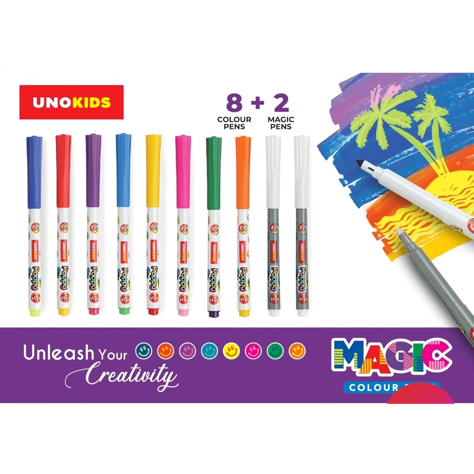 Unokids Magic Colour Pens featuring 8 vibrant colours and 2 magic pens for hidden effects
