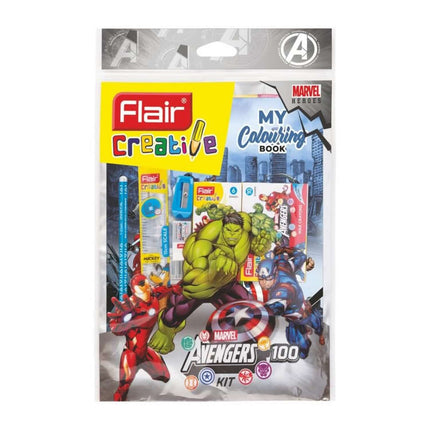 Flair Creative Marvel Avengers 100 Kit | Stationery Kit of 9 Items with coloring book and superhero supplies.