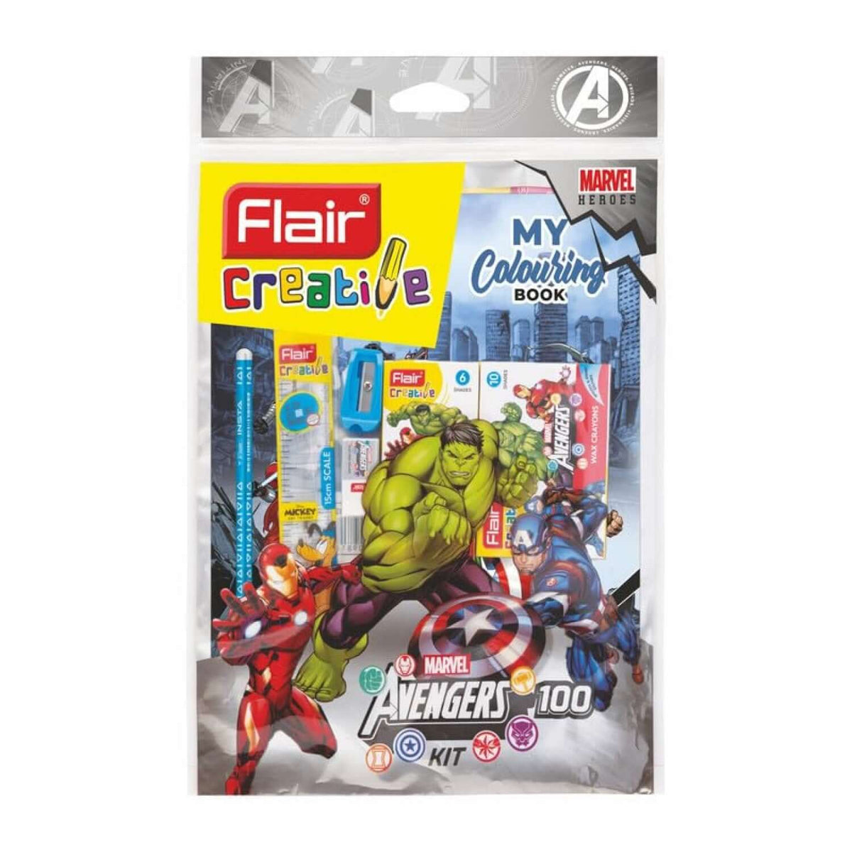 Flair Creative Marvel Avengers 100 Kit | Stationery Kit of 9 Items with coloring book and superhero supplies.