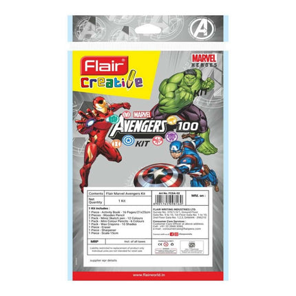 Flair Creative Marvel Avengers 100 Kit | Stationery Kit of 9 Items package featuring Iron Man and Hulk.