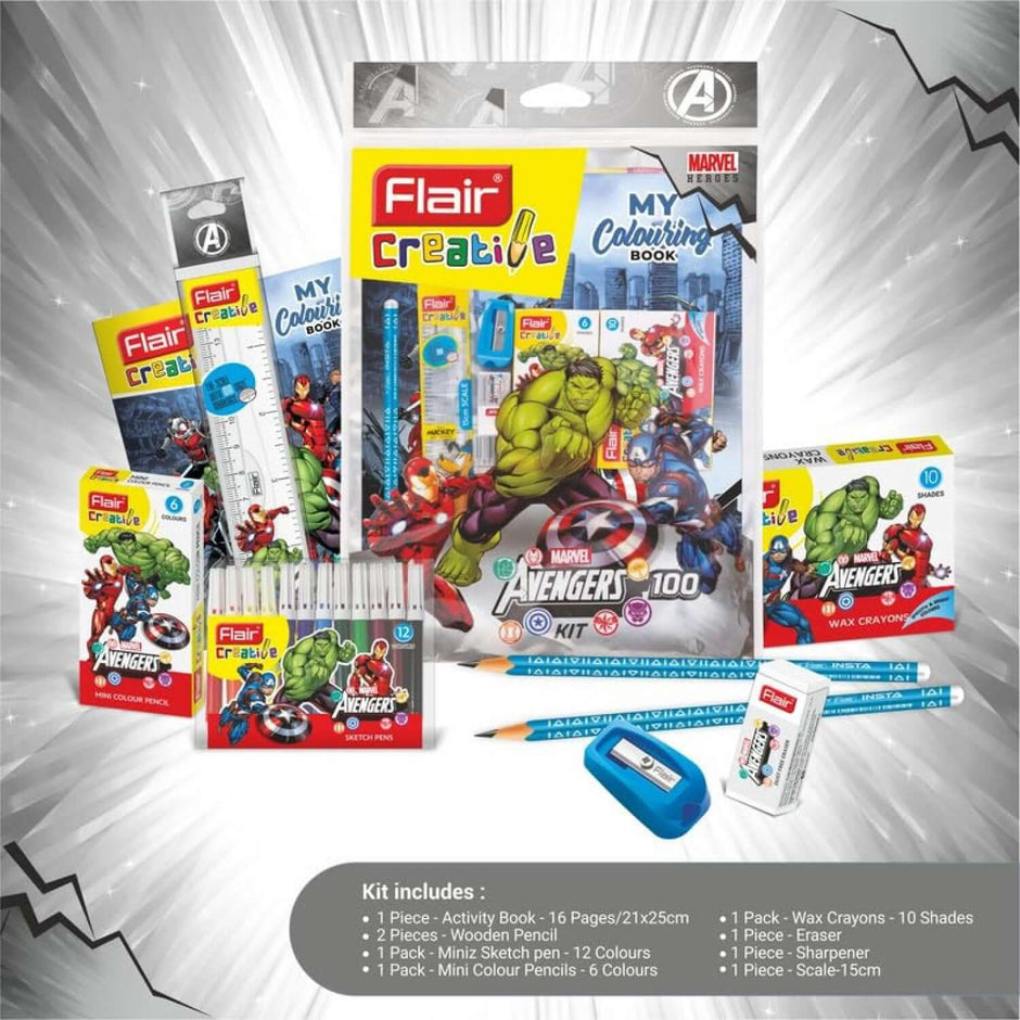 Flair Creative Marvel Avengers 100 Kit | Stationery Kit of 9 Items, featuring crayons, pencils, and coloring book.
