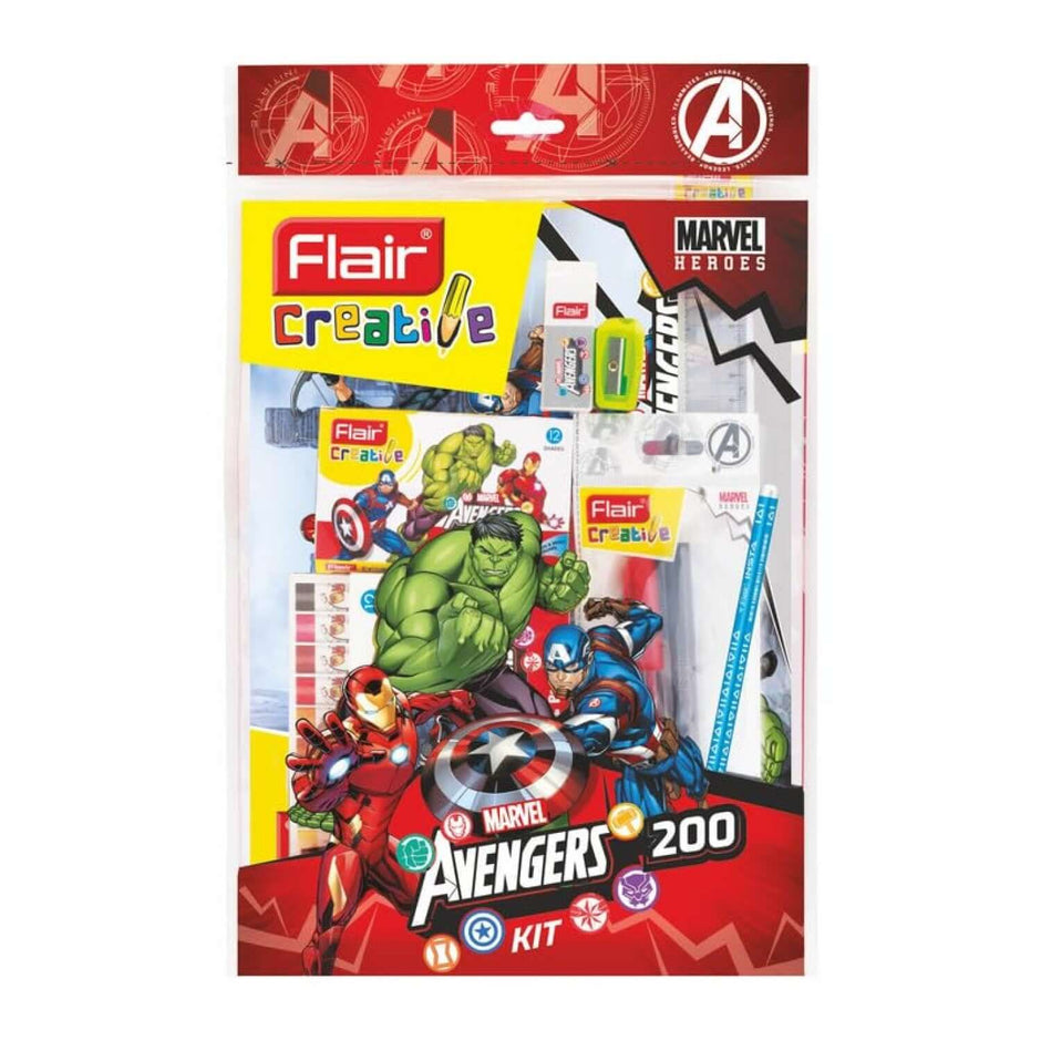 Flair Creative Marvel Avengers 200 Kit | Stationery Kit of 14 Items showcasing colorful stationery essentials.