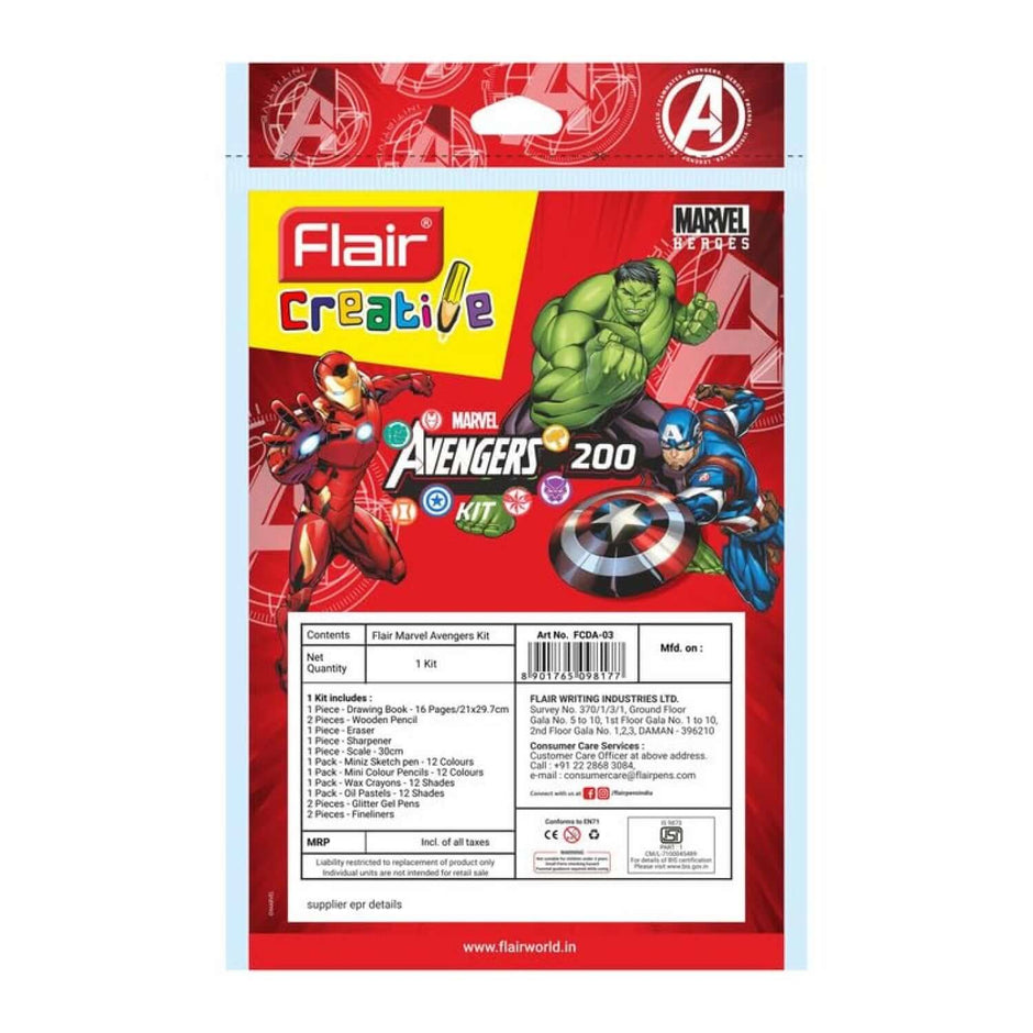 Flair Creative Marvel Avengers 200 Kit | Stationery Kit of 14 Items packaging featuring iconic superheroes.