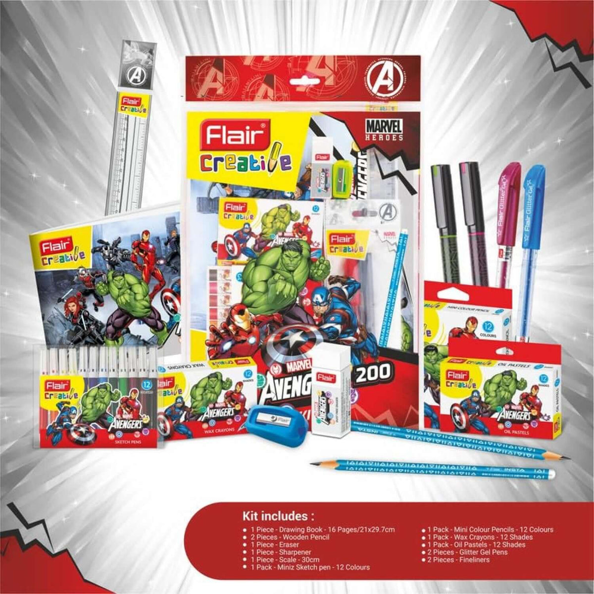 Flair Creative Marvel Avengers 200 Kit | Stationery Kit of 14 Items featuring vibrant stationery and superheros.