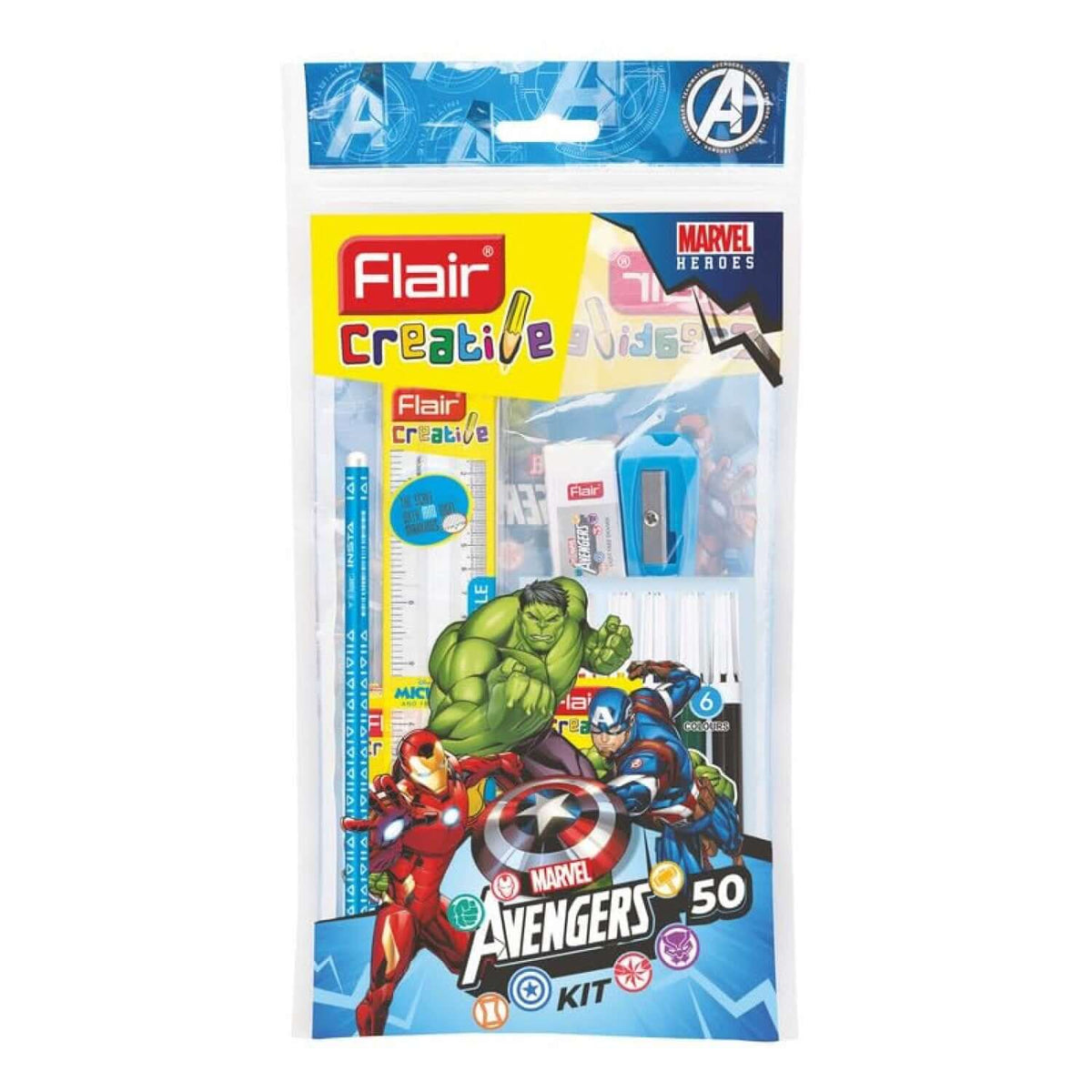 Flair Creative Marvel Avengers 50 Kit | Stationery Kit of 7 Items displayed in packaging with superhero designs.