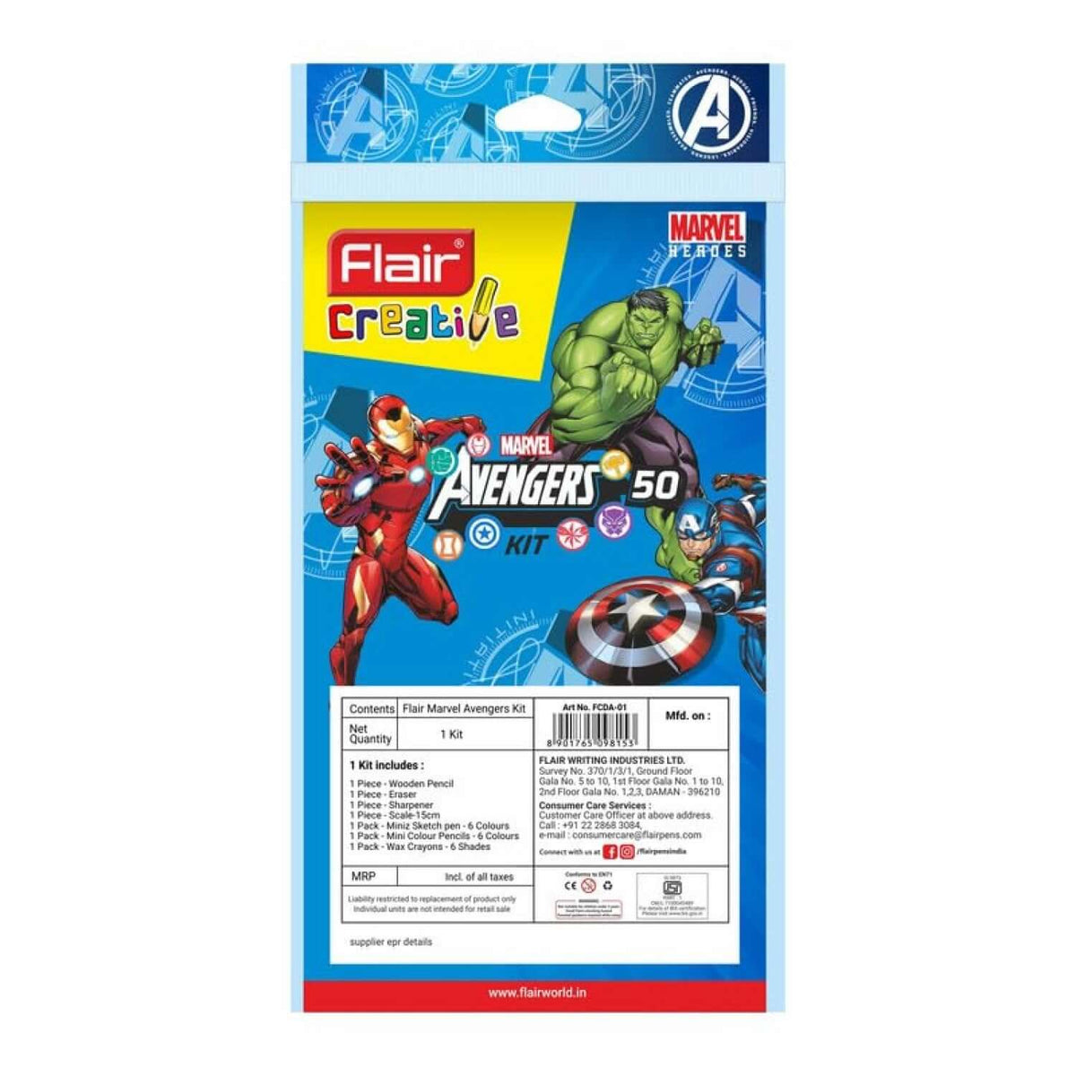 Flair Creative Marvel Avengers 50 Kit | Stationery Kit of 7 Items packaging featuring iconic superheroes.