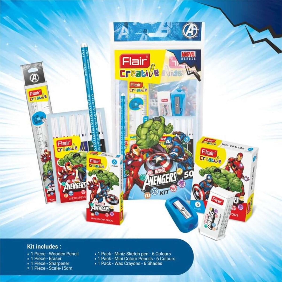 Flair Creative Marvel Avengers 50 Kit | Stationery Kit of 7 Items showcasing premium stationery for young creators.