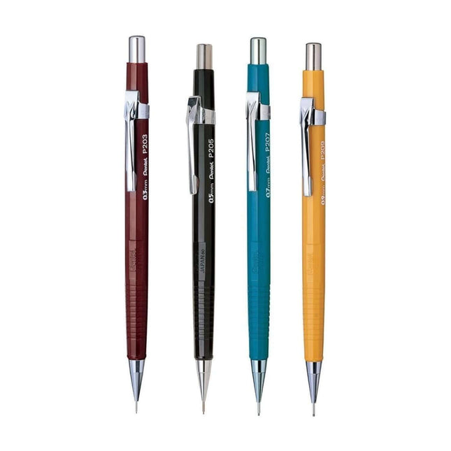 Pentel Sharp P200 Mechanical Pencil in various colors including burgundy, black, teal, and yellow.
