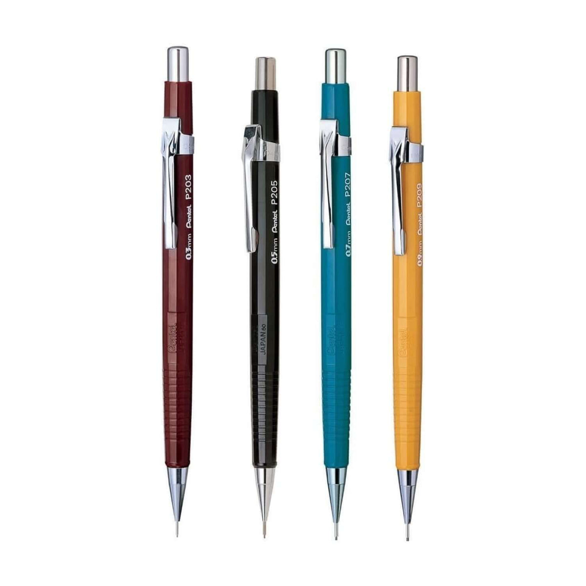 Pentel Sharp P200 Mechanical Pencil in various colors including burgundy, black, teal, and yellow.