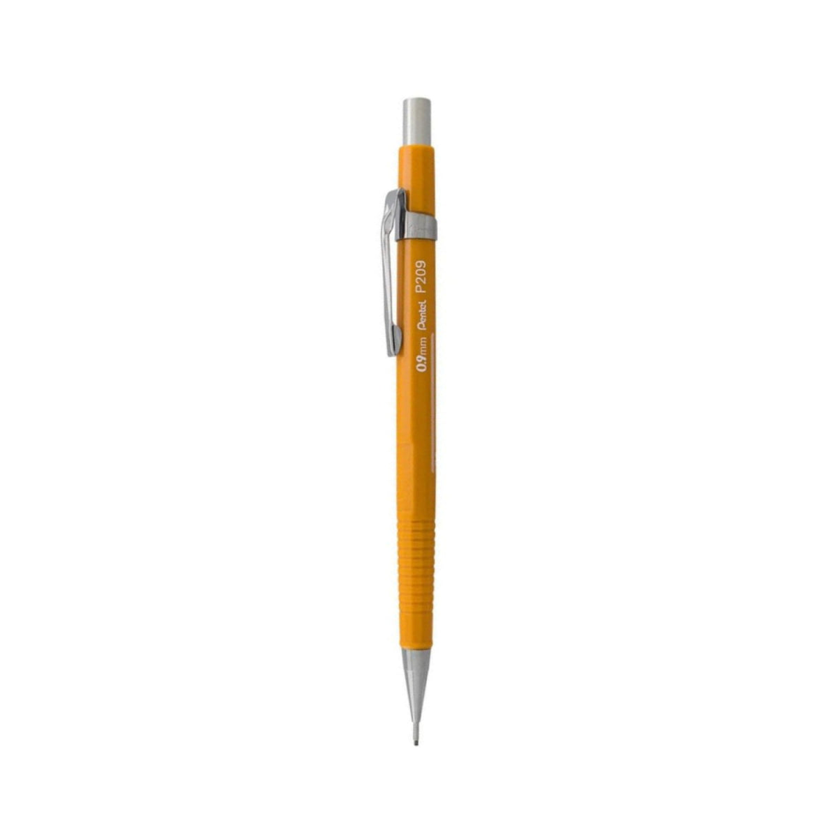 Pentel Sharp P200 Mechanical Pencil in bright yellow color with a silver clip and 4mm tip for precise writing.