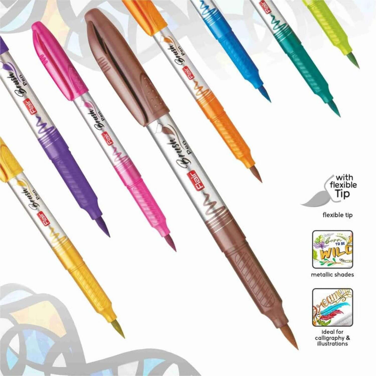 Flair Creative Metallic Brush Marker Set of 10 Shades featuring colorful pens with flexible tips for vibrant artistic designs.