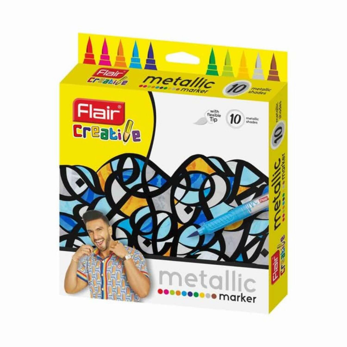 Flair Creative Metallic Brush Marker Set of 10 Shades packaging displaying vibrant colors and features.