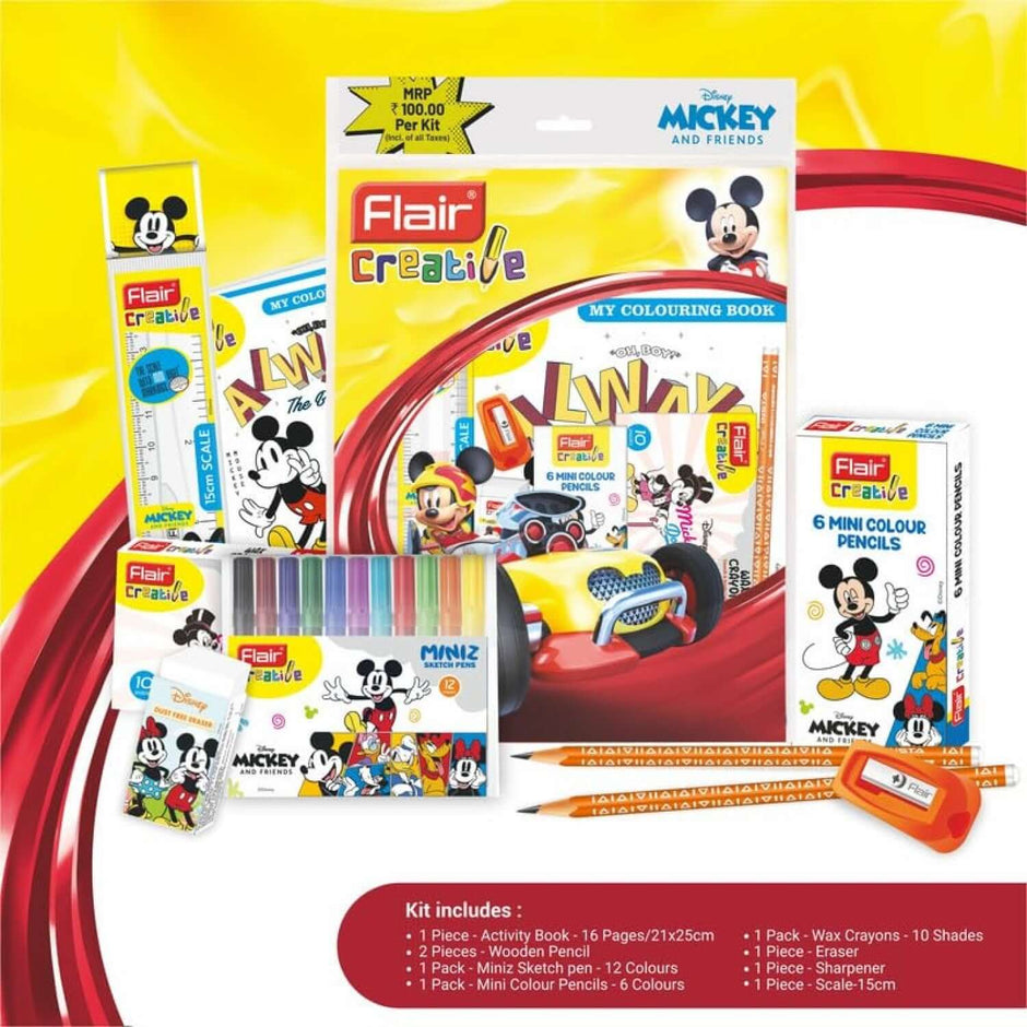 Flair Creative Disney Mickey 100 Kit | Stationery Kit of 9 Items features premium stationery in an inspiring toolkit for young creators.