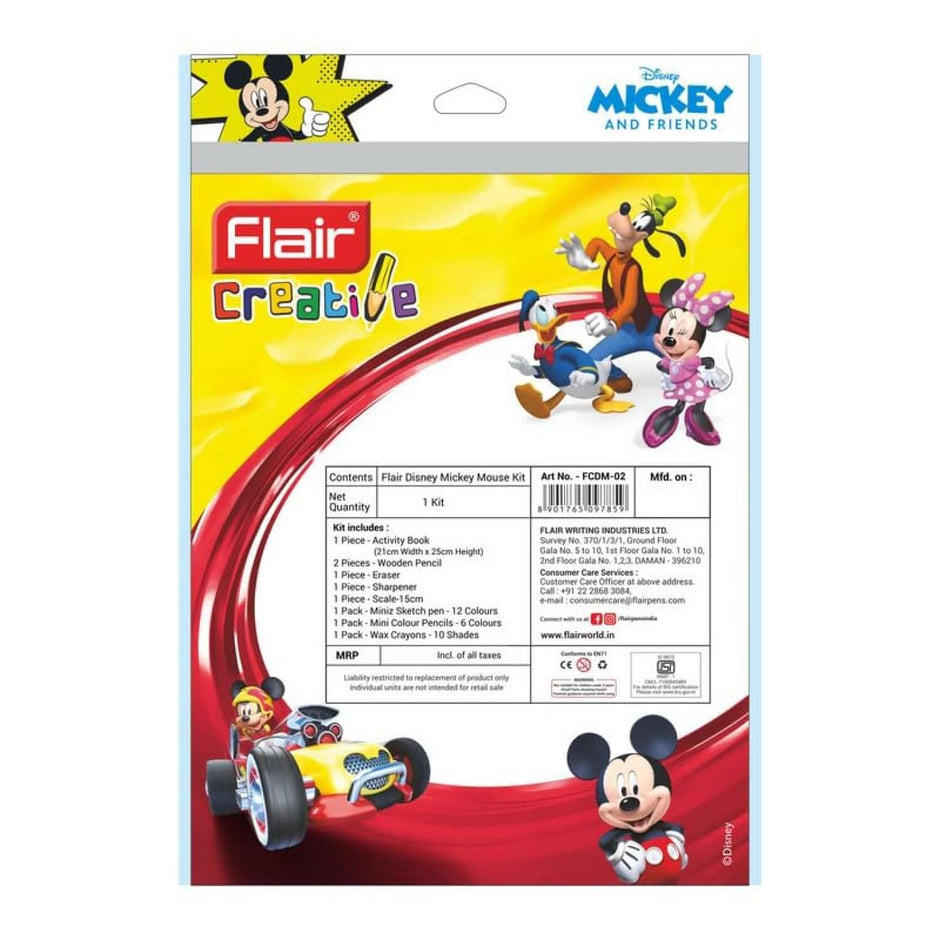 Flair Creative Disney Mickey 100 Kit | Stationery Kit of 9 Items packaging featuring Mickey Mouse and friends.