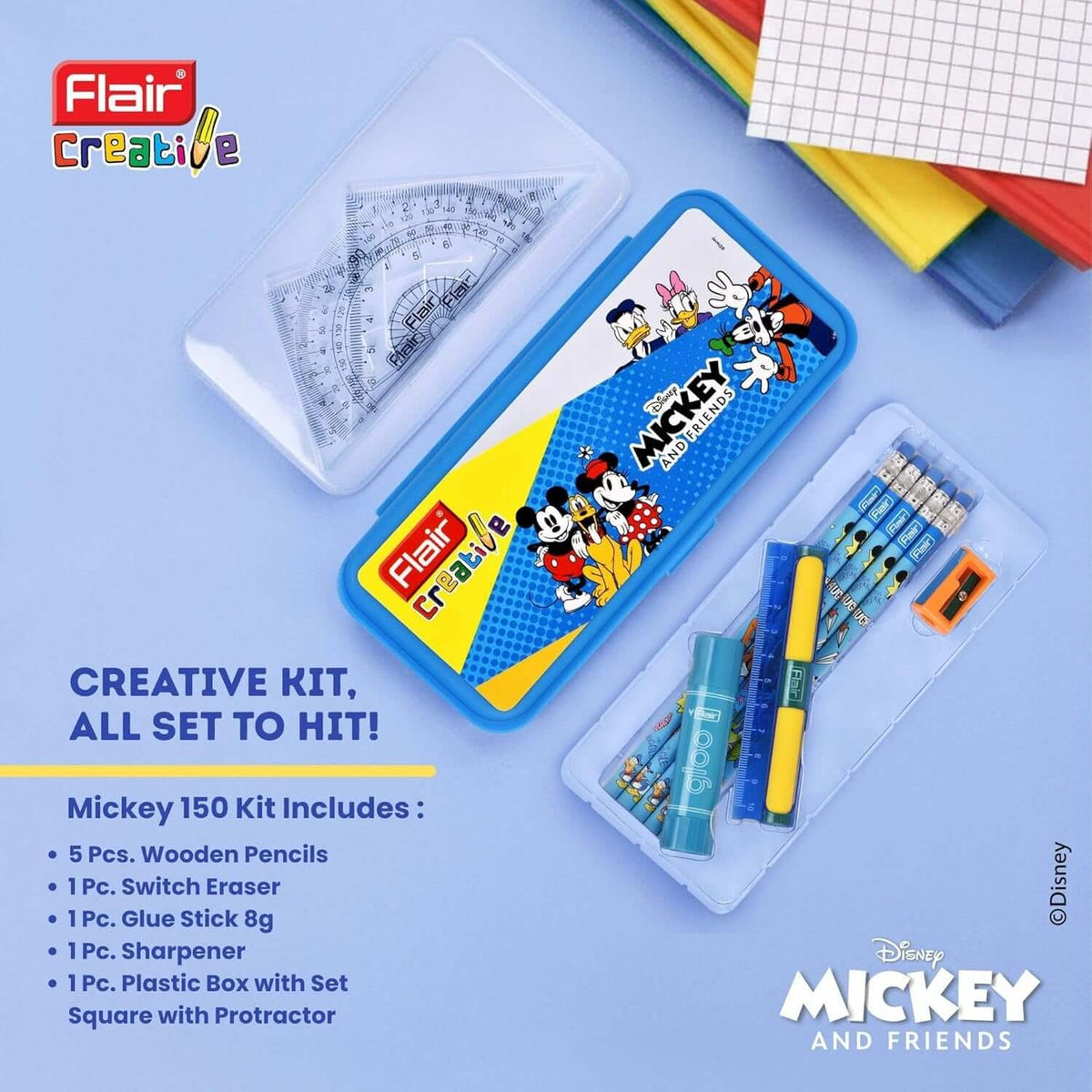 Flair Creative Disney Mickey 150 Kit | Stationery Kit of 7 Items with colorful stationery for creative learning.