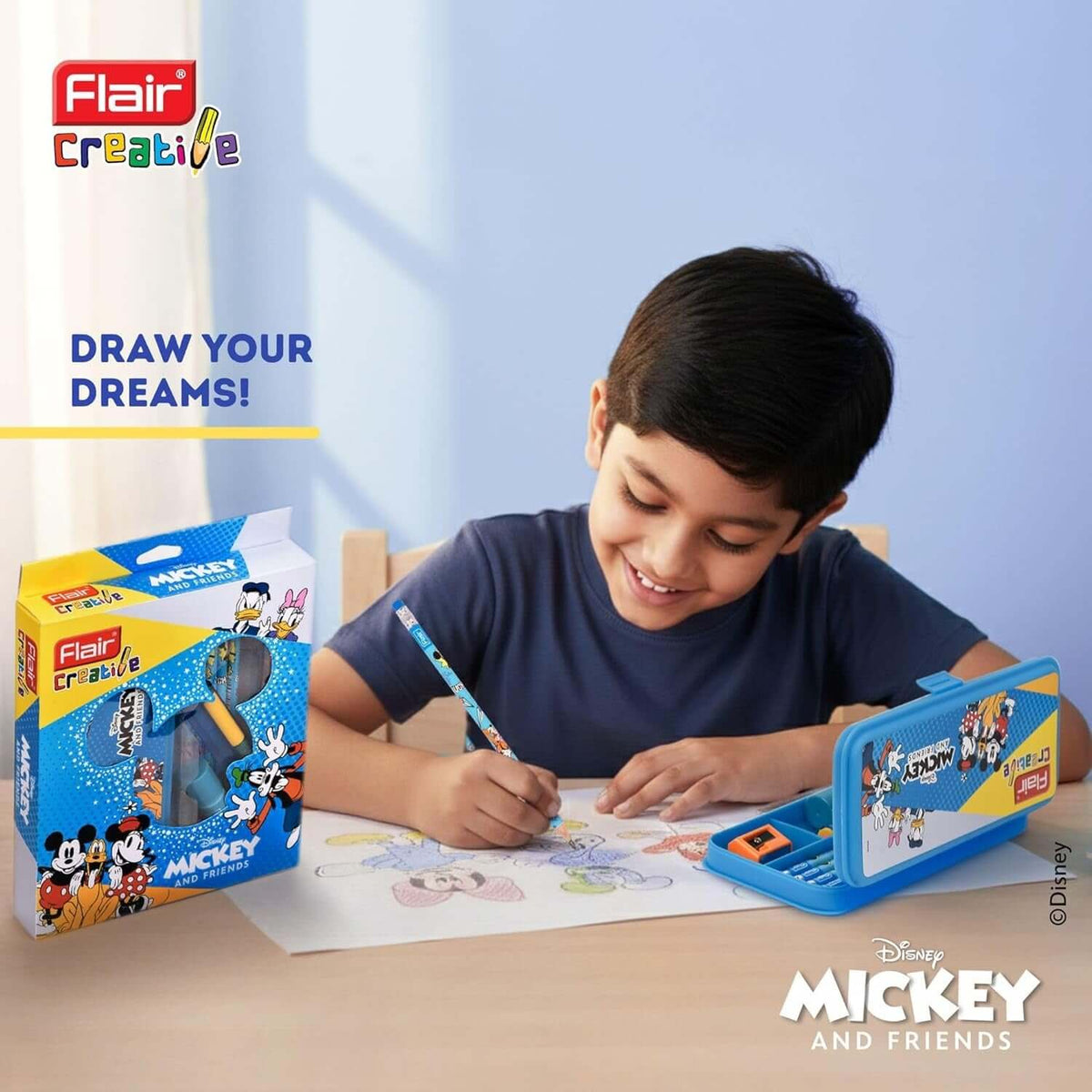 Flair Creative Disney Mickey 150 Kit | Stationery Kit of 7 Items with child drawing and colorful boxed kit.