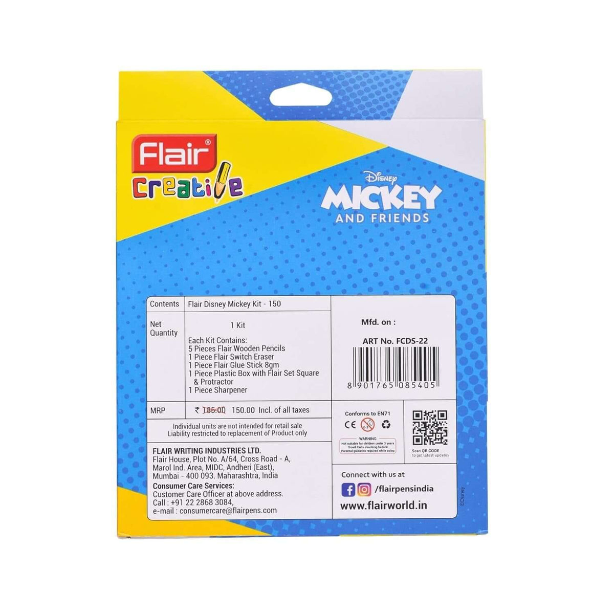Flair Creative Disney Mickey 150 Kit | Stationery Kit of 7 Items back packaging details with colorful design.