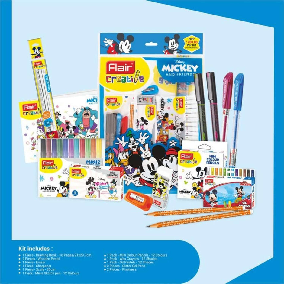 Flair Creative Disney Mickey 200 Kit | Stationery Kit of 14 Items featuring colorful stationery supplies.