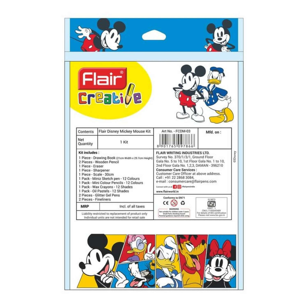 Flair Creative Disney Mickey 200 Kit | Stationery Kit of 14 Items back packaging and contents details.