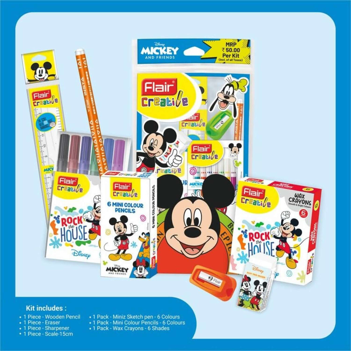 Flair Creative Disney Mickey 50 Kit | Stationery Kit of 7 Items showcasing colorful stationery and Disney characters.