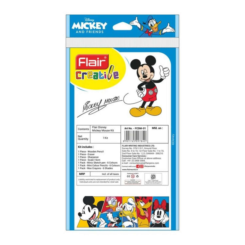 Flair Creative Disney Mickey 50 Kit | Stationery Kit of 7 Items packaging featuring Mickey Mouse and friends.