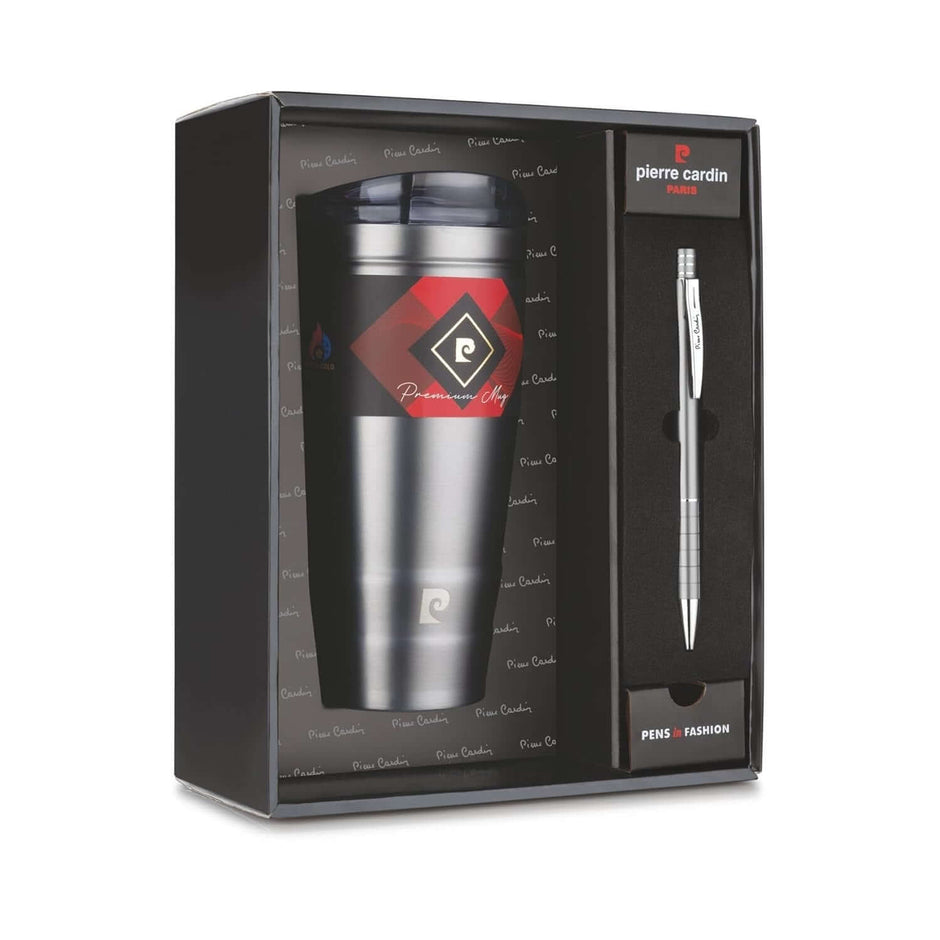 Pierre Cardin Milord Gift Set | Set of Mug and Pen showcasing a stainless steel tumbler and a sleek ball pen in premium packaging.