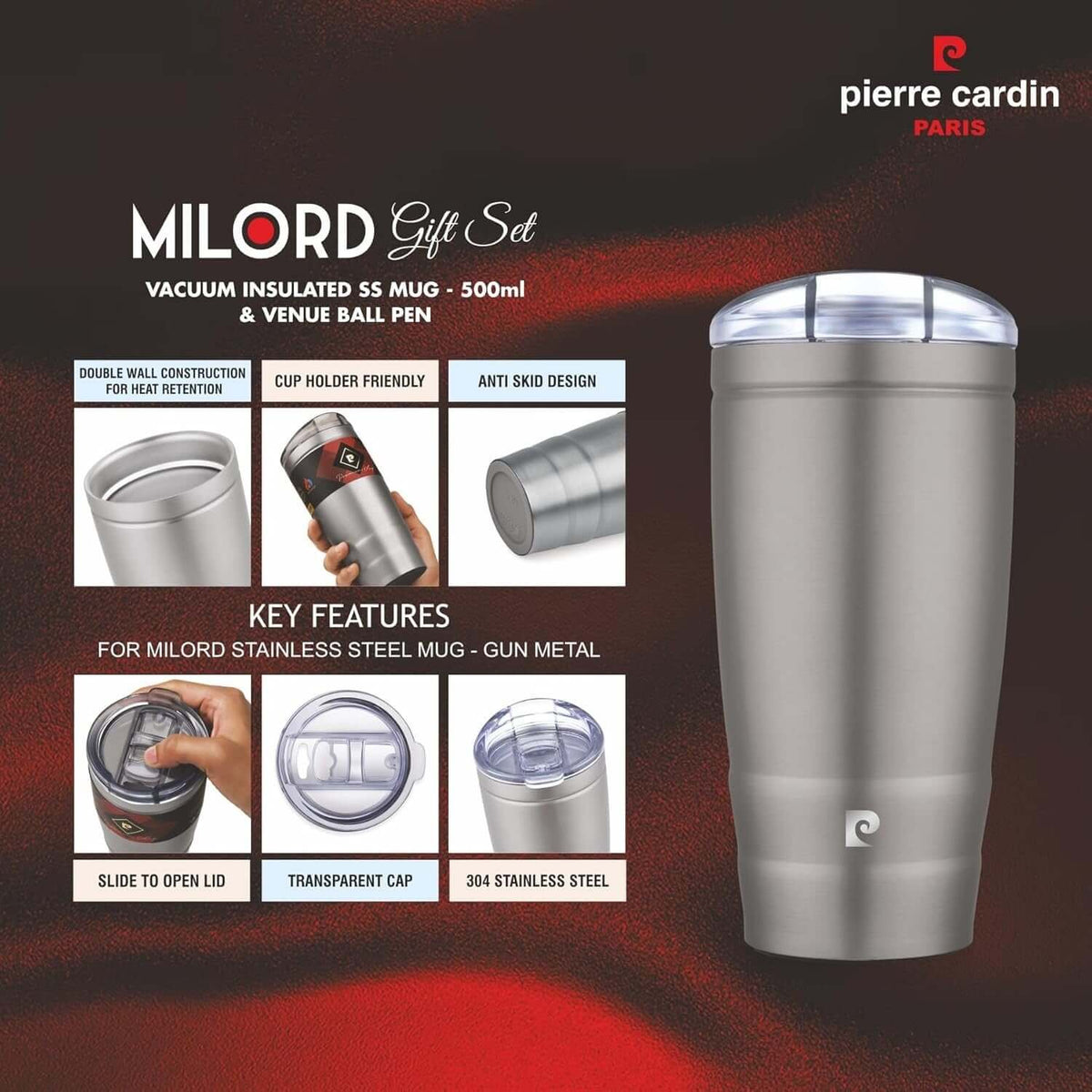 Pierre Cardin Milord Gift Set | Set of Mug and Pen featuring a vacuum insulated 500ml stainless steel tumbler.