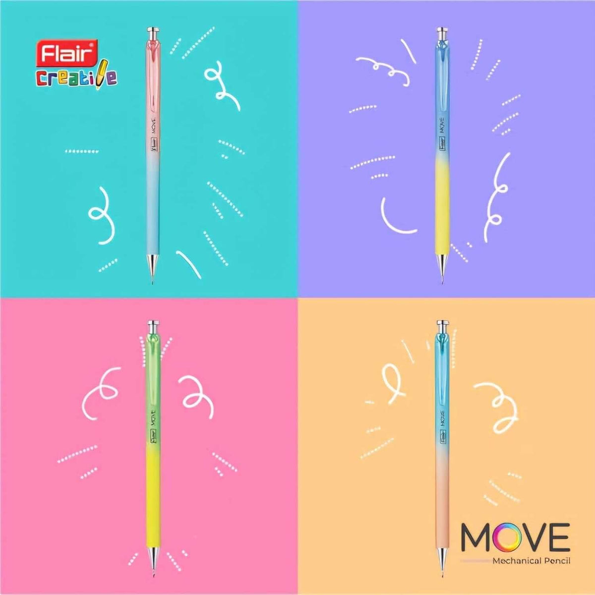 Flair Creative Move 0.7mm Mechanical Pencil | Includes Lead in multicolor finish on bright background.