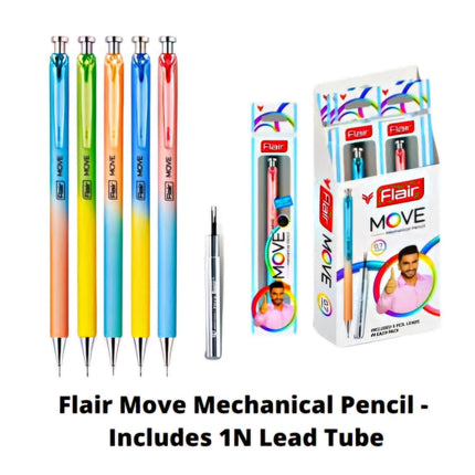 Flair Creative Move 0.7mm Mechanical Pencil | Includes Lead and 1N Lead Tube displayed in multicolor.