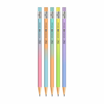 Flair Move 2.0mm Mechanical Pencils in pastel colors, showcasing a pack of 5 vibrant, refillable pencils for writing and drawing.
