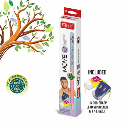 Flair Move 2.0mm Mechanical Pencil pack of 10 with eraser and sharpener, eco-friendly writing tools for smooth lines.