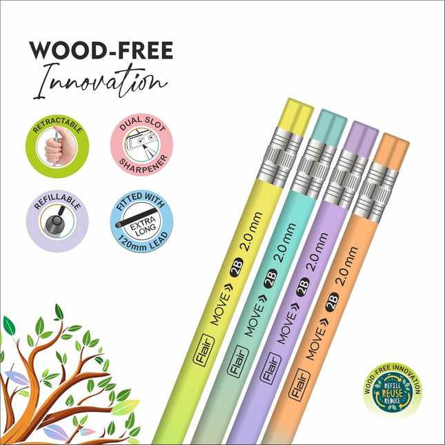 Flair Move 2.0mm Mechanical Pencil | Pack of 10 | Includes 1 Eraser and 1 Sharpener