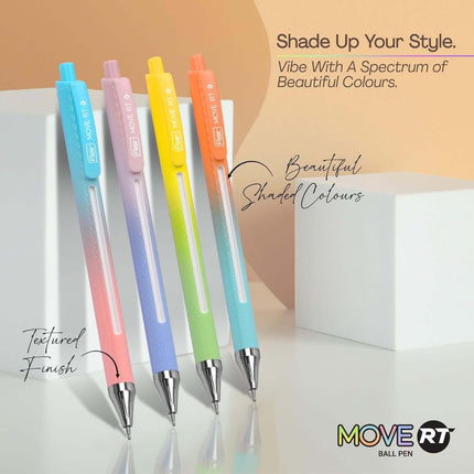 Flair Move-RT Ball Pen | Ink Colour - Blue alongside colorful retractable pens on a stylish surface.