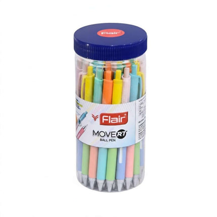 Flair Move-RT Ball Pen | Ink Colour - Blue pack of colorful retractable pens in a jar