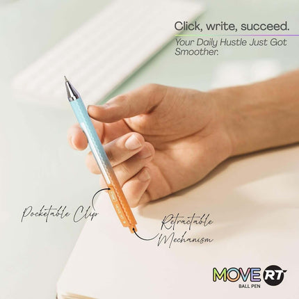 Flair Move-RT Ball Pen | Ink Colour - Blue held in hand with pocketable clip and retractable mechanism features.
