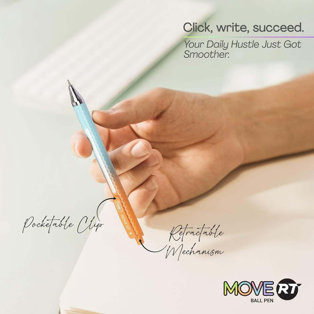 Flair Move-RT Ball Pen | Ink Colour - Blue held in hand with pocketable clip and retractable mechanism features.