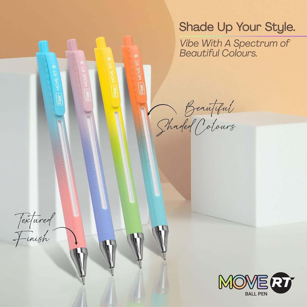 Flair Move-RT Ball Pen | Ink Colour - Blue alongside colorful retractable pens on a stylish surface.