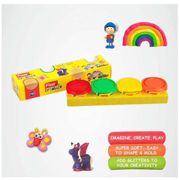 Flair My Dough Assorted Glitter Pack Of 4 Shades with colorful clay, creative toys, and vibrant designs.