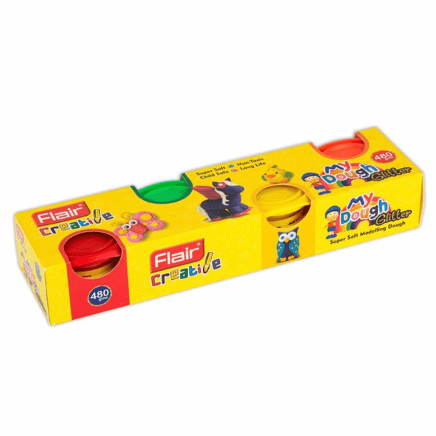 Flair My Dough Assorted Glitter Pack Of 4 Shades packaging with vibrant colors and soft clay for creative fun.
