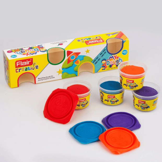 Flair My Dough Assorted Neo Pack Of 4 Shades featuring colorful clay pots for creative play.