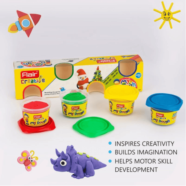 Flair My Dough Assorted Pack Of 4 Shades featuring colorful dough and creative tools for sensory play.