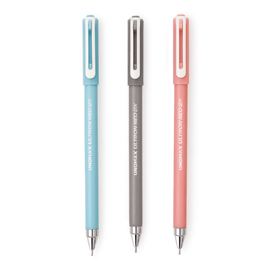 Unomax Ultron Neo 2X Ball Pen | Ink Colour - Blue, Black and Red - displayed in pastel colors