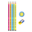 DOMS Neo Star Extra Dark Pencils | Includes Eraser and Sharpener with colorful pencils and sharpener displayed.
