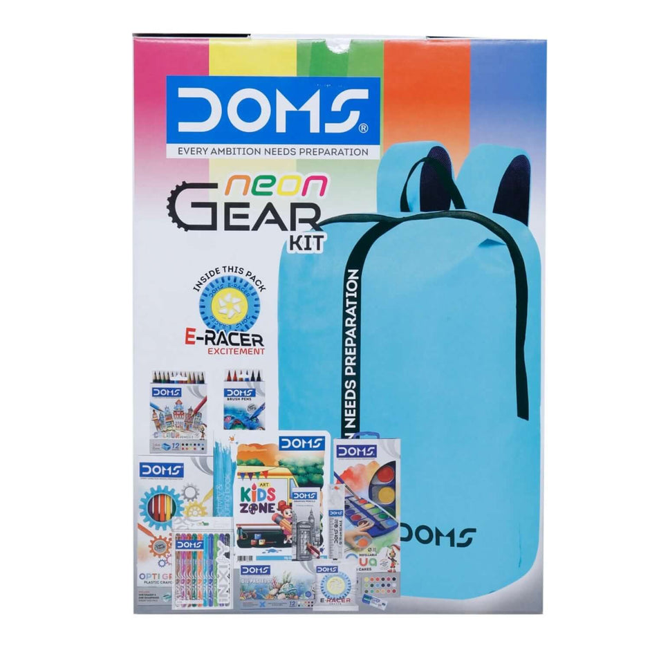DOMS Neon Gear Kit | Comes With Zipper Bag | Combination of 11 Stationery Items packaging with vibrant colors.