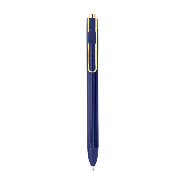 Unomax Nexon Retractable Gel Pen in blue with gold clip and ribbed body for comfort and style.
