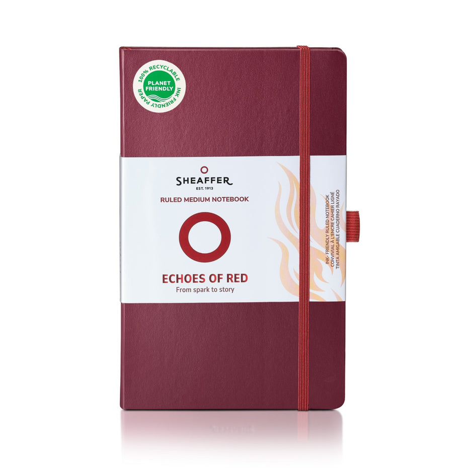 Sheaffer Echoes Of Red 90GSM Notebook, burgundy ruled medium notebook with elastic closure and flame design.
