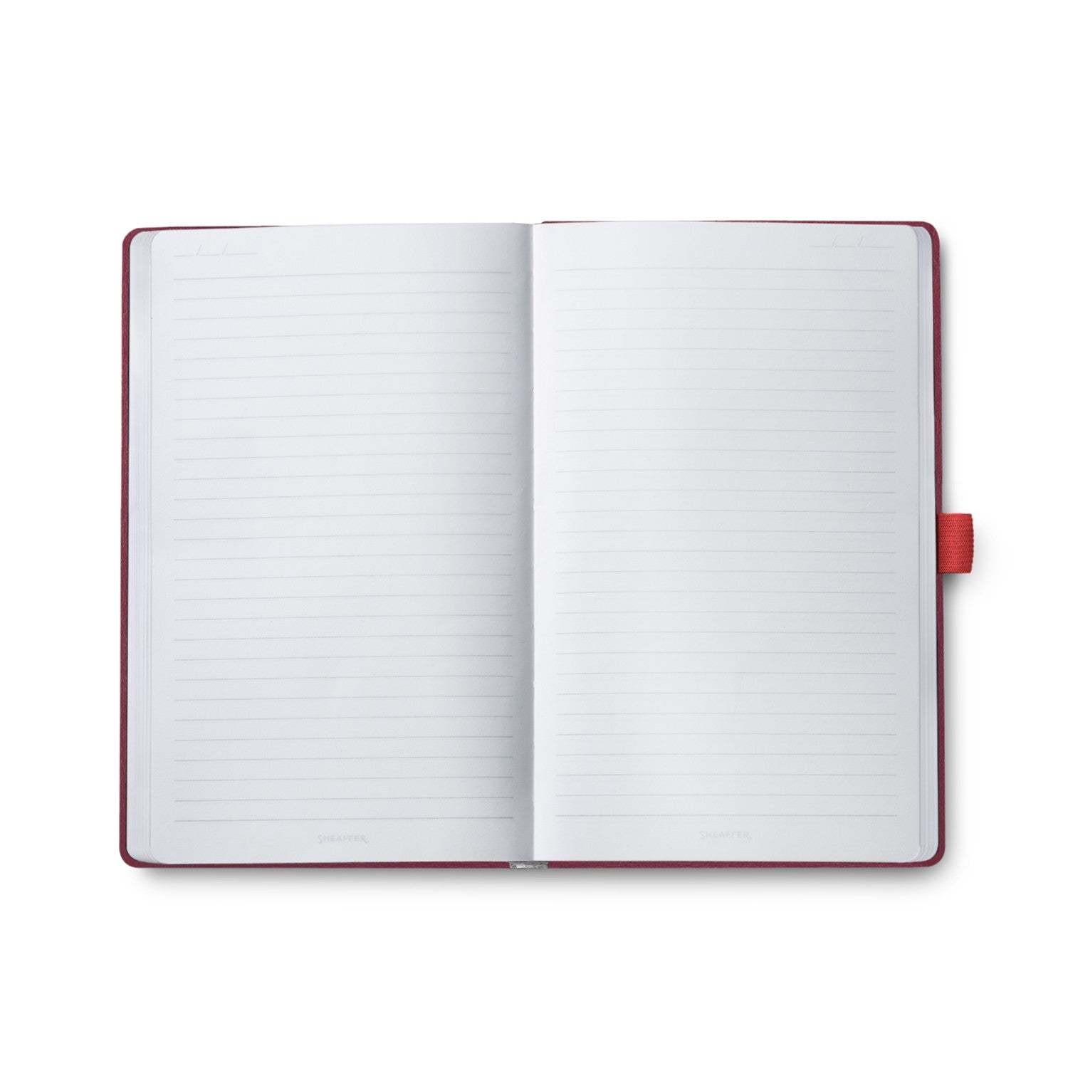 Open pages of Sheaffer Echoes Of Red 90GSM Notebook, featuring lined paper ready for writing.
